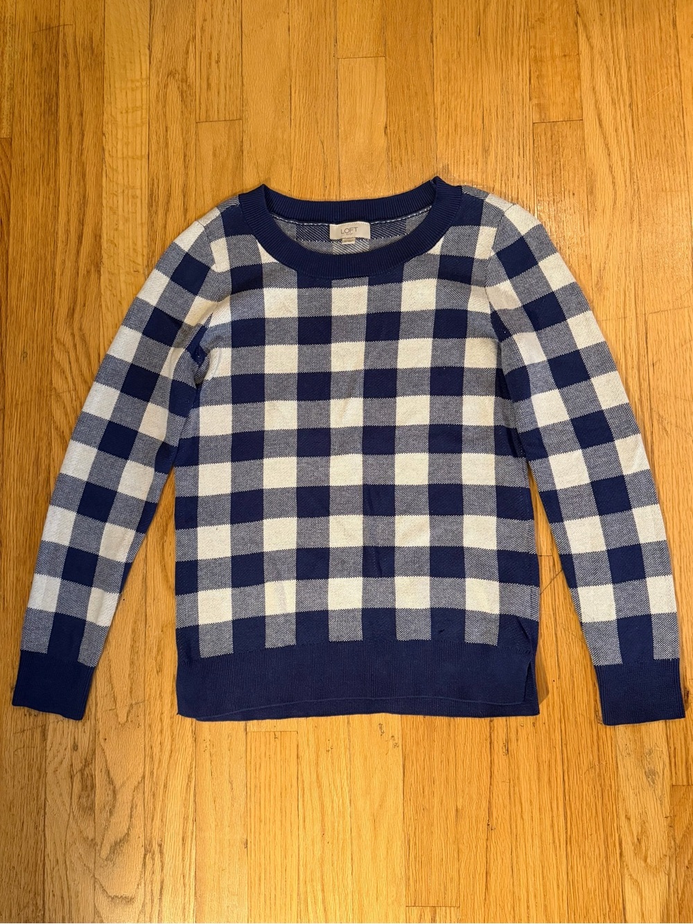 LOFT Blue & White Gingham Crewneck Sweater Size XS